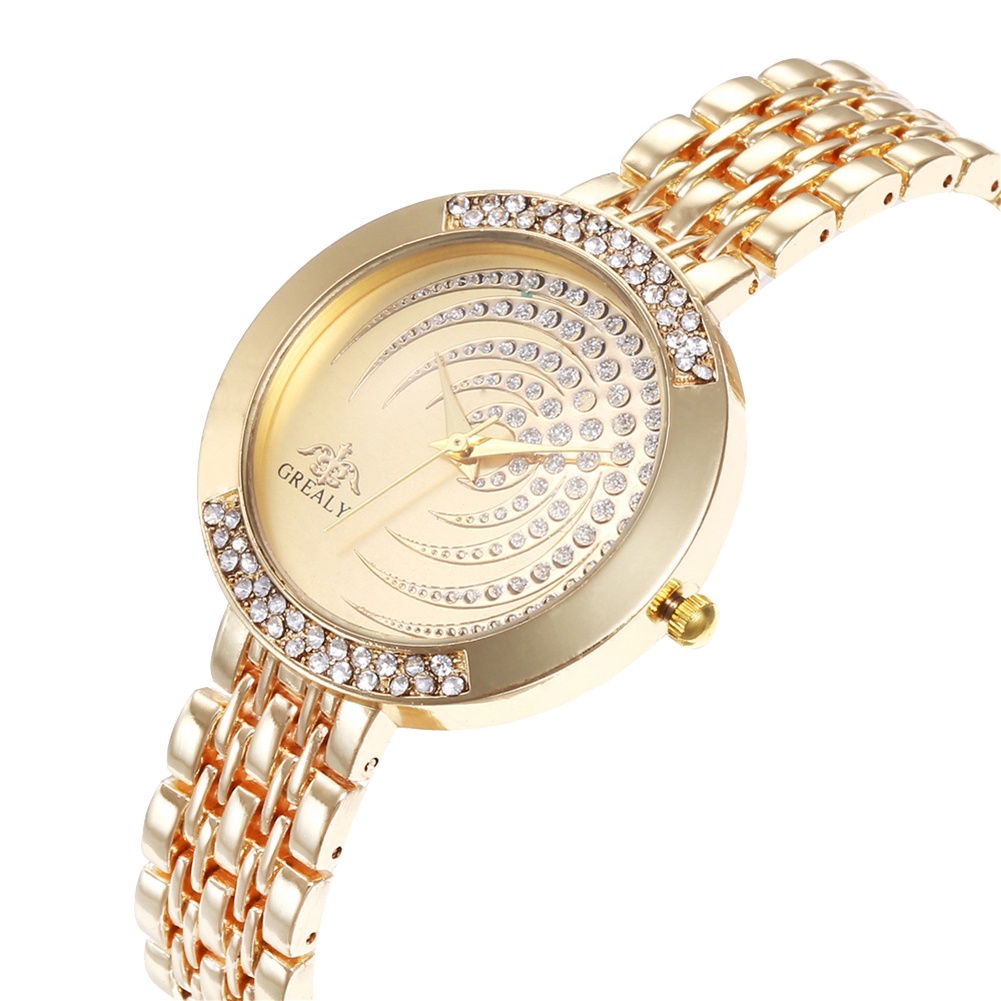 MACmk Women Shiny Rhinestone Inlaid Round Dial Mesh Band Quartz Analog Wrist Watch