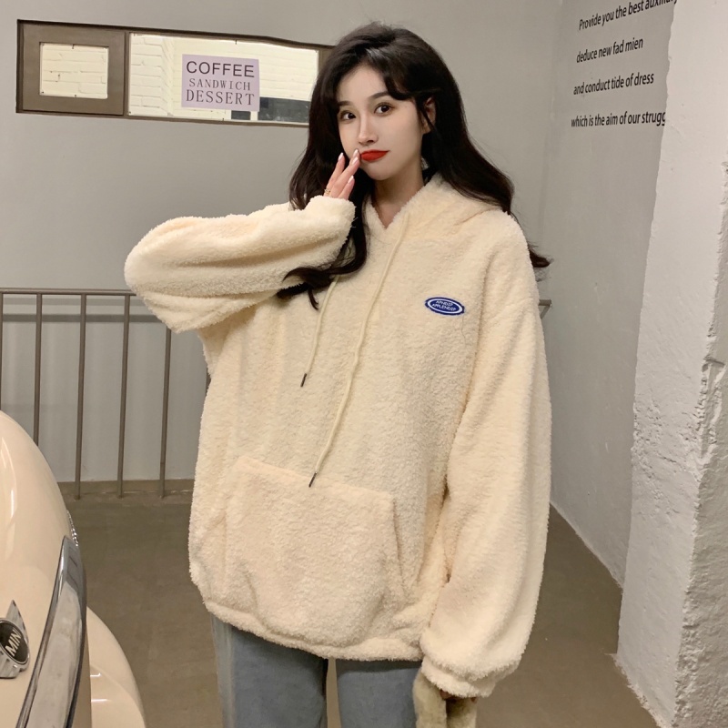 Áo hoodie tay dài dáng rộng vải nhung phong cách thời trang Hàn Quốc dễ phối đồ