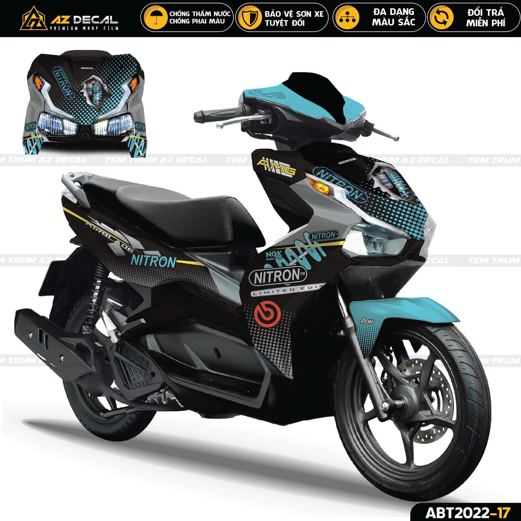 Tem Trùm Xe Airblade Mẫu Nitron | ABT2022-17 | Decal Dán Xe AB 2020 - 2022 Đẹp Màu Đen Đỏ Vàng Xanh Xám