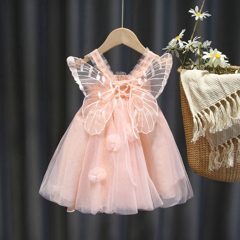 [Kacily](7-25kg)Đầm tay ngắn phối lưới hoạ tiết hoa thời trang dành cho bé gái từ ,chất thô mềm，Đầm Cánh Tiên Cho Bé