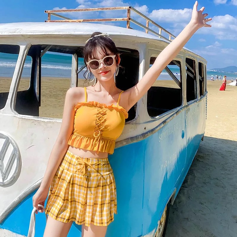 Bộ Đồ Bơi Eo Cao Họa Tiết Sọc Caro Dễ Thương Phong Cách Hàn Quốc Cho Nữ