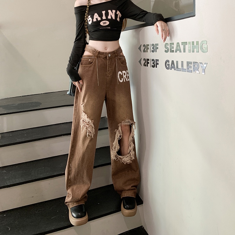 Quần jean dài ống rộng thiết kế rách lỗ thời trang dành cho nữ