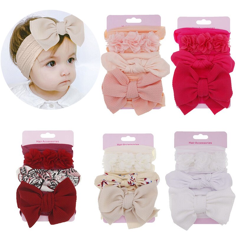 Set 3 băng đô turban quấn đầu co giãn mềm mại đính nơ bướm in họa tiết hoa dễ thương cho bé gái sơ sinh