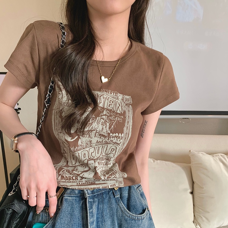 Áo thun SUXI tay ngắn cổ tròn in họa tiết phong cách dạo phố thời trang mùa hè dành cho nữ