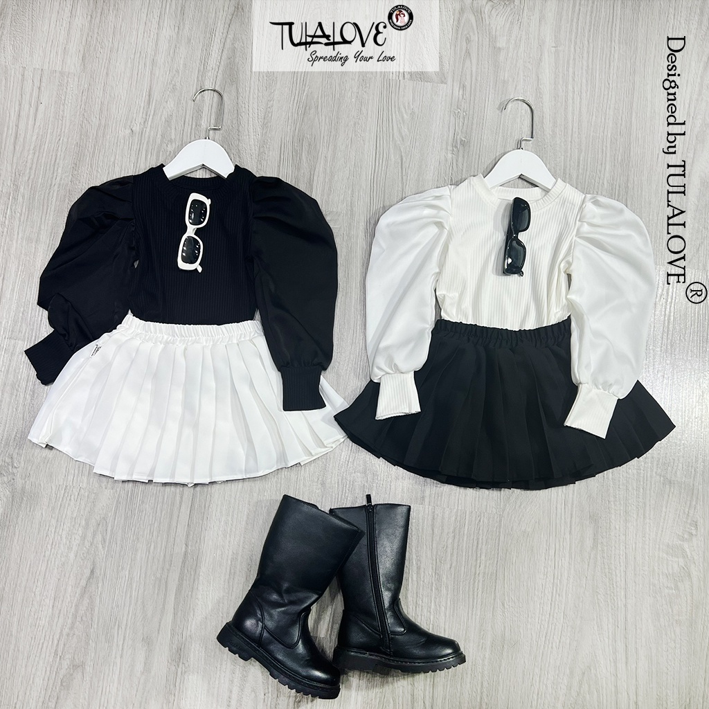 Chân Váy Dập Ly Bé Gái, Áo Dài Tay Vai Bồng Bé Gái Phối Cực Yêu, Phối Set Bé Gái Tulalove