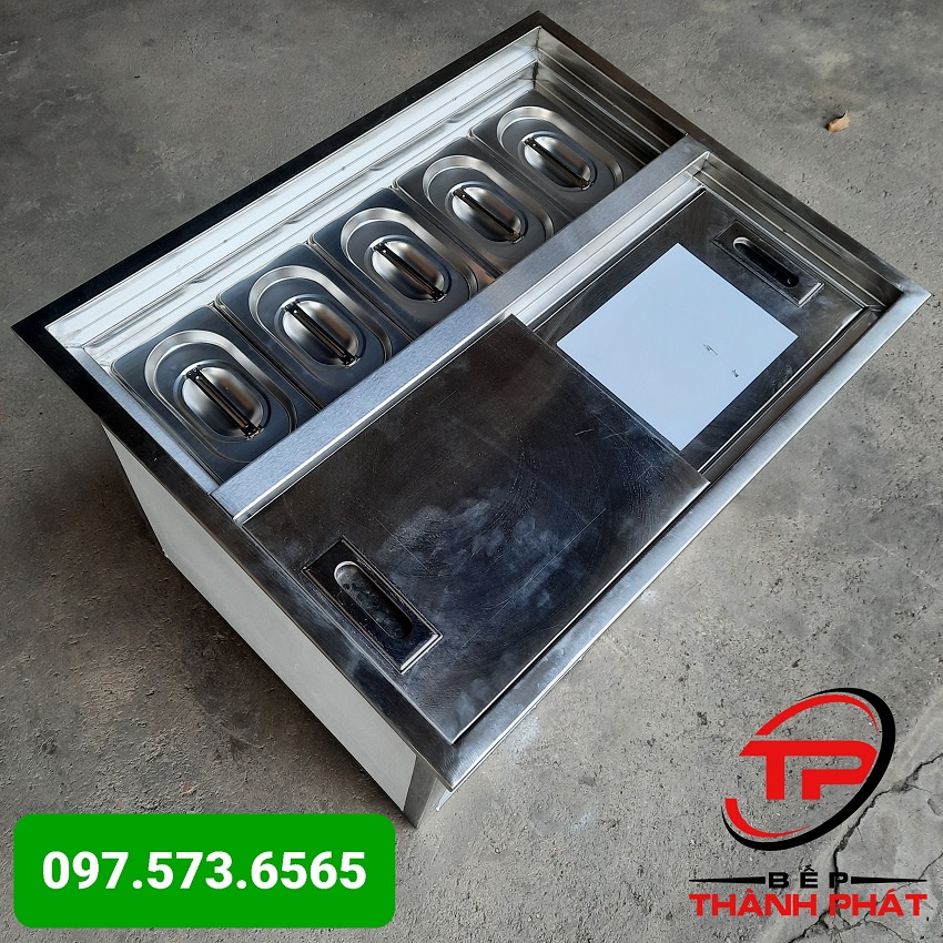 Thùng đá inox kèm khay topping , Bảo hành 2 năm