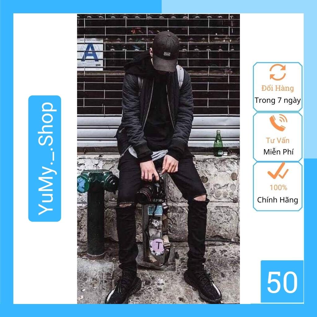 Quần jean nam rách gối màu đen chất bò cao cấp co dãn 4 chiều cực đẹp rin trơn from dáng skinny đẹp YuMy JM50