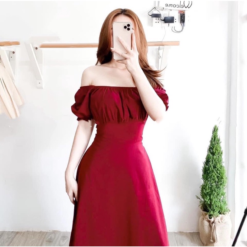 Đầm váy đỏ trễ vai nhúng ngực form dài