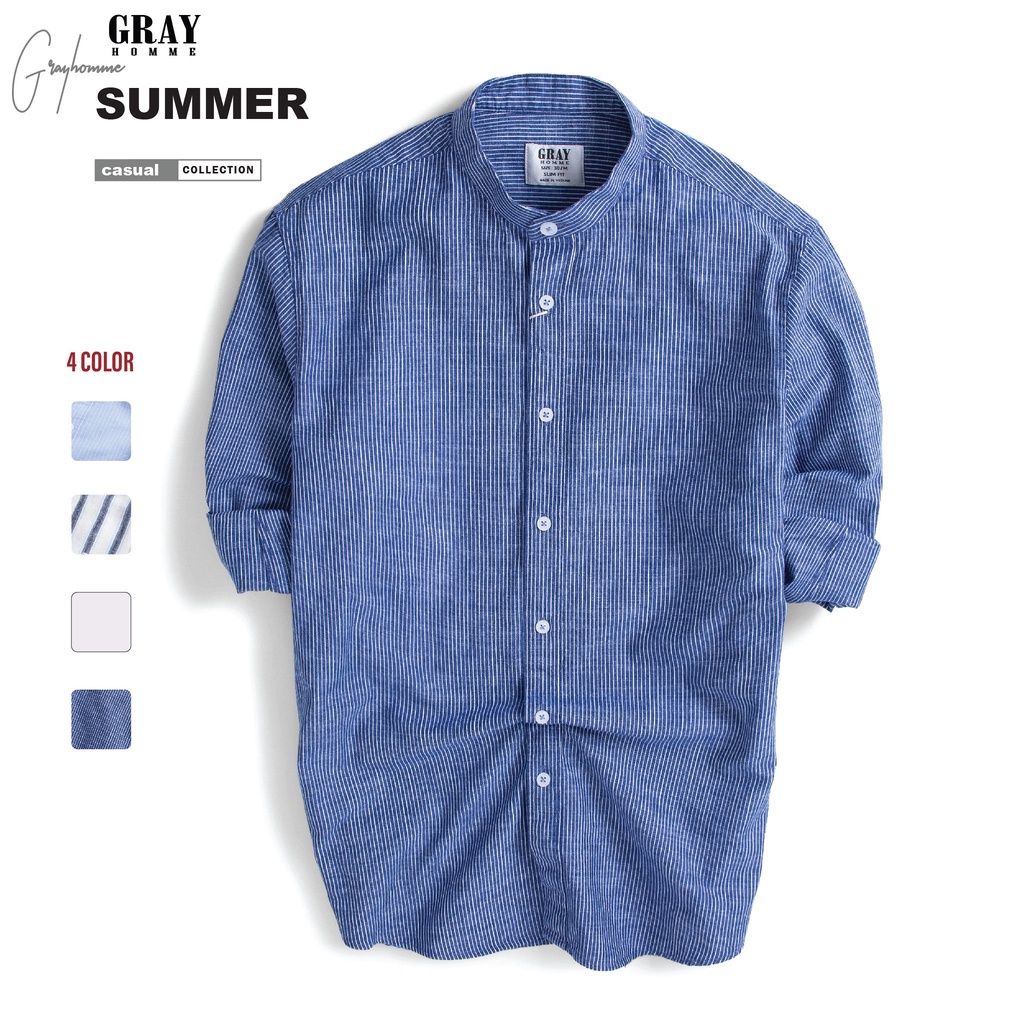 Áo Sơ Mi Nam Dài Tay Cổ Tàu (4 màu) GRAYHOMME linen kẻ sọc cá tính chất vải đũi thoáng mát - TB124