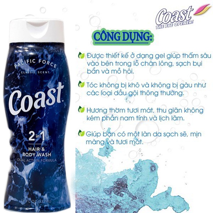 Sữa Tắm Gội 2 In 1 Dành Cho Nam Coast Hair &amp; Body Wash 532 ml