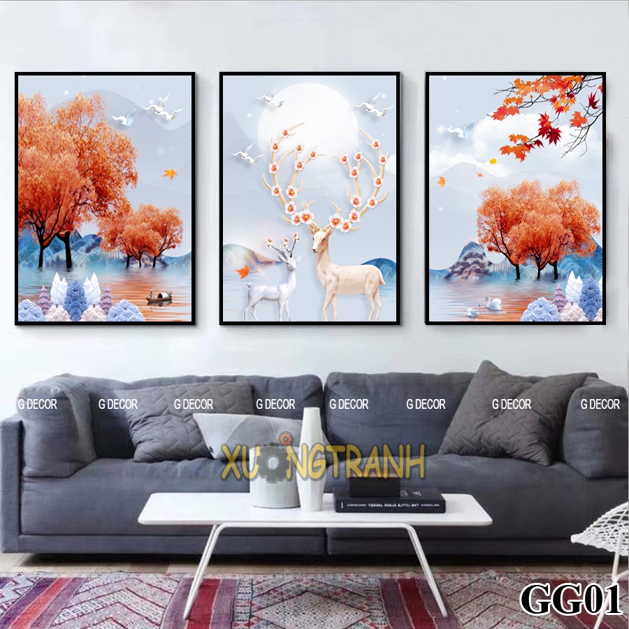 Tranh treo tường canvas 3 bức phong cách Bắc Âu 64, tranh hươu tài lộc trang trí phòng khách, phòng ngủ, phòng ăn, spa.