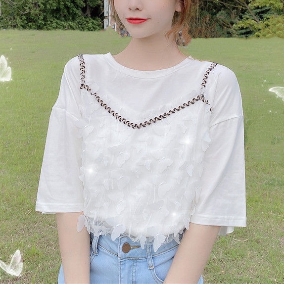 Áo Thun Tay Ngắn Cổ Tròn Giả Hai Lớp Thời Trang Mùa Hè Phong Cách Hàn Quốc Hàng Mới Dành Cho Bạn Nữ 2022