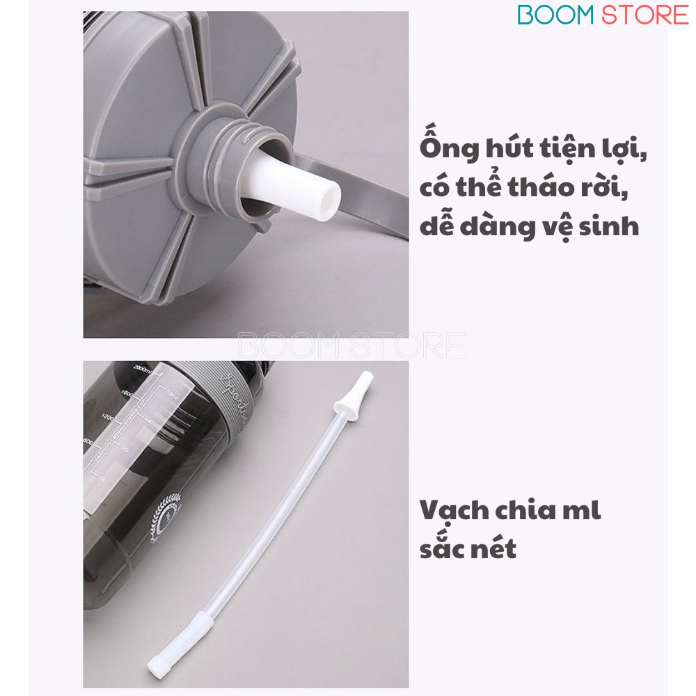 Bình nước thể thao 2 lít có ống hút chia vạch bằng nhựa cute Boom Store