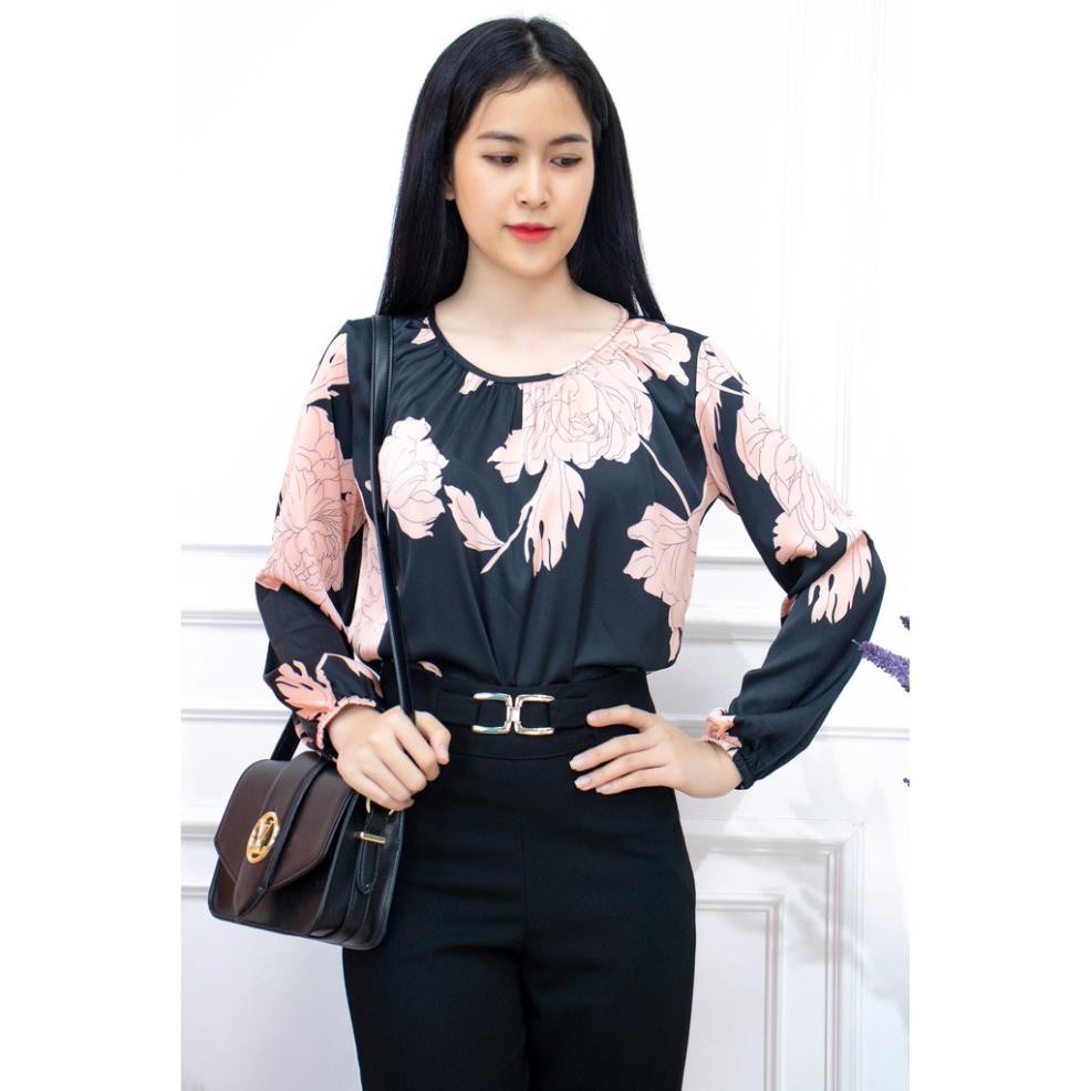 Áo Sơ Mi Nữ Tay Dài Dáng Rộng Kiểu Hàn Quốc Cổ Tròn vải lụa - Sơ mi NỮ Công sở tay bo thun hoa đơn sắc -AMYRA SM008  ྇