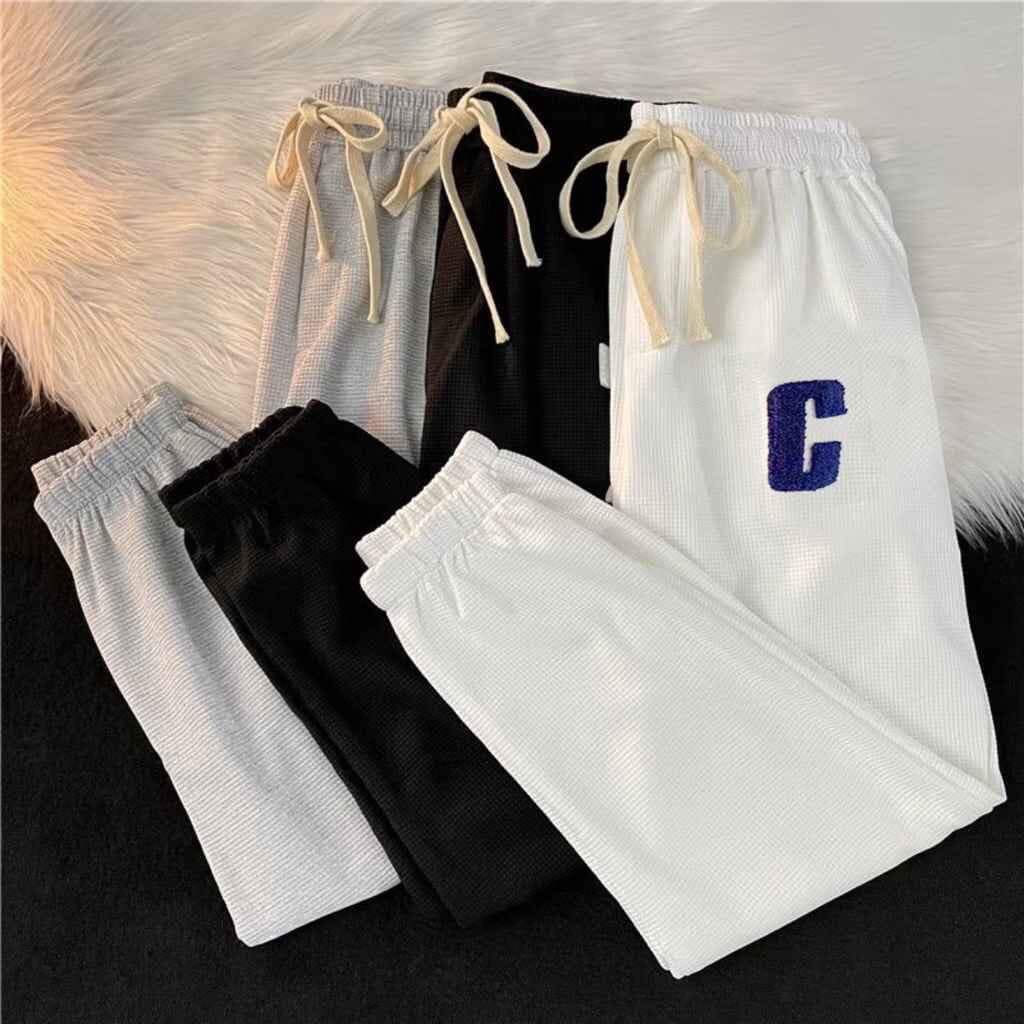 Quần ống rộng nữ chữ C bo gấu có dây rút dáng quần jogger nữ bo gấu vải tổ ong cao cấp mặc đi chơi thể thao ấm