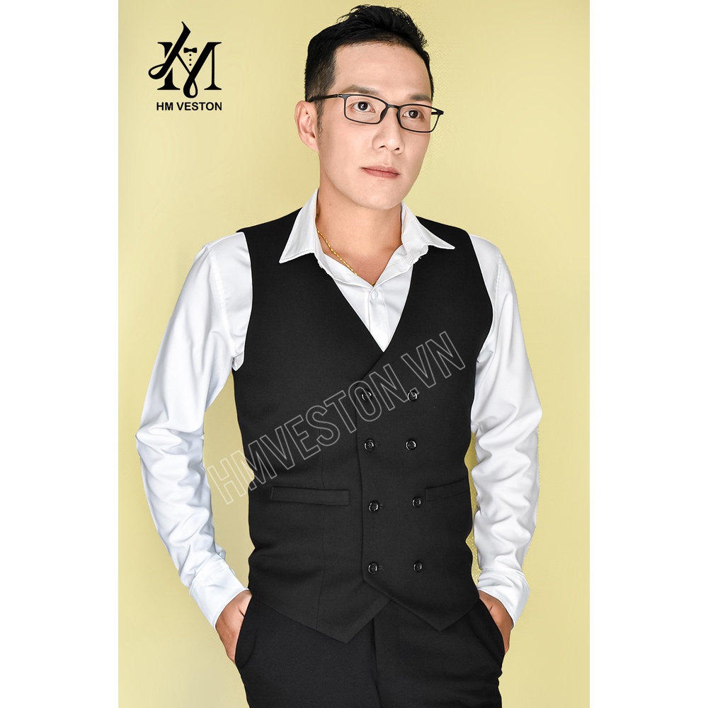 Áo gile nam màu đen 8 nút form ôm body + nơ đen