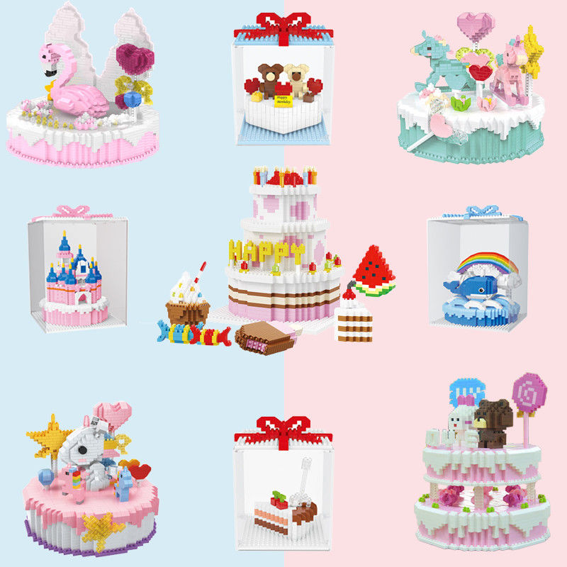 Khối sáng tạo bánh sinh nhật xây dựng đồ chơi lắp ráp thu nhỏ đồ chơi khối xây dựng