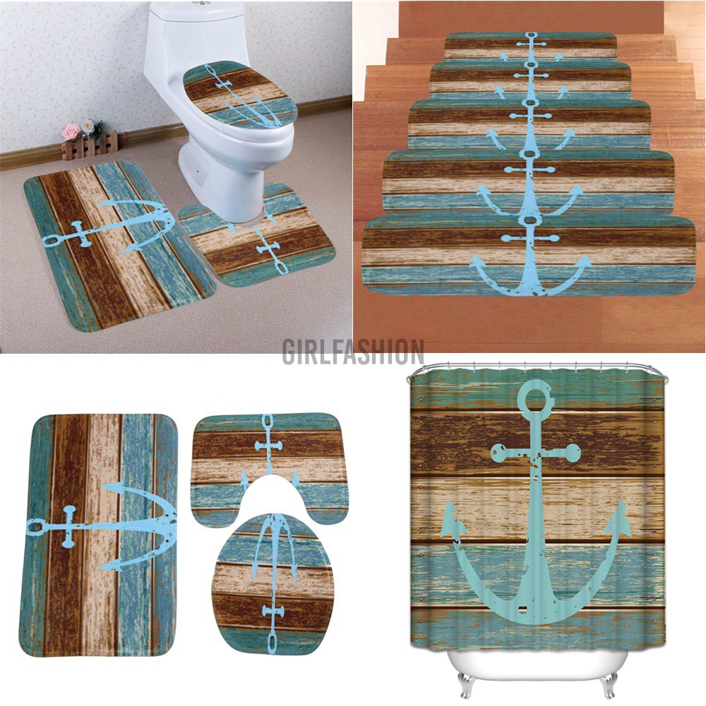 3Pcs Set Anchor Pattern Bathroom Non-Slip Pedestal Rug Lid Toilet Cover Bath Mat
