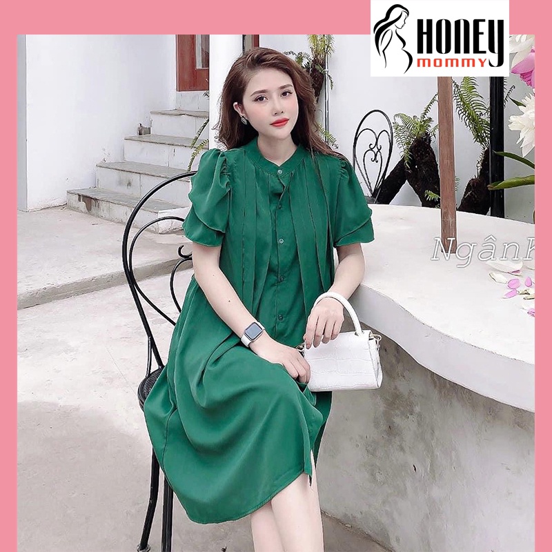 Váy Bầu Sơ Mi Cổ Tàu Xếp Ly Dáng Suông Công Sở Đầm Bầu Hè Ngắn Tay Đi Làm HD2626 Honey Mommy