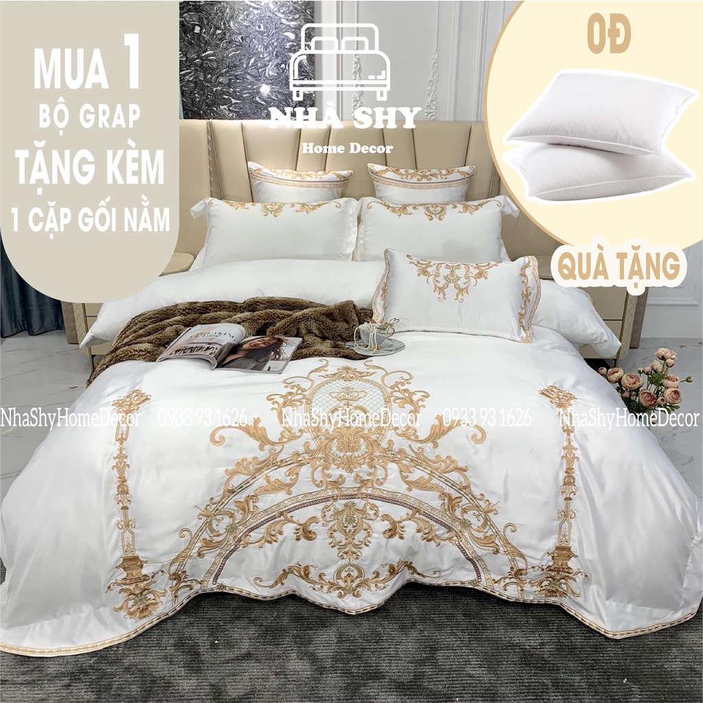 Trọn Bộ Set Ga Cotton Lụa Cao Cấp - Họa Tiết Thêu Phong Cách Hoàng Gia Quý Tộc