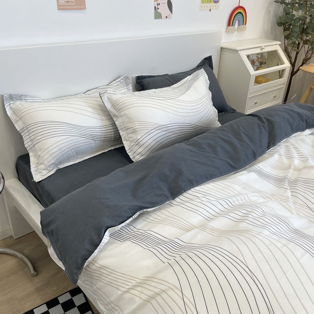 Bộ chăn ga gối cotton poly Lidaco decor phòng ngủ vintage - Suối mây trắng (SP001478)