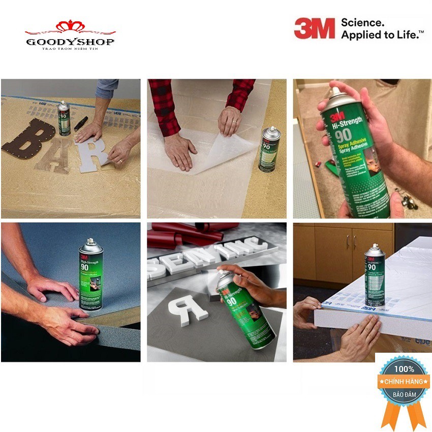 Chai Keo Dạng Phun Xịt Đa Năng 3M Hi Strength 90  dùng để dán ván ép, gỗ, kim loại, xốp, bê tông,các loại nhựa.