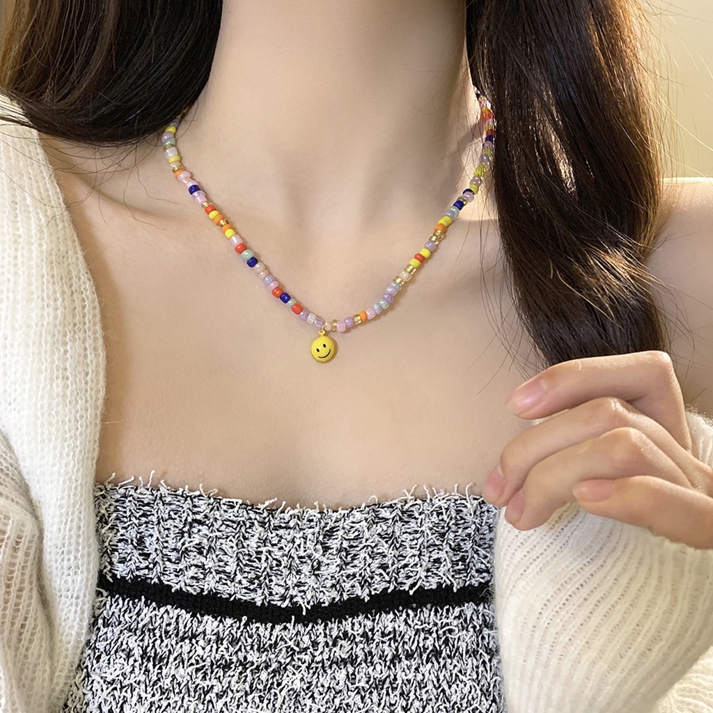 Vòng Cổ Xương Quai Xanh Đính Hạt Nhiều Màu Hình Mặt Cười Nhỏ Phong Cách Harajuku Ngọt Ngào
