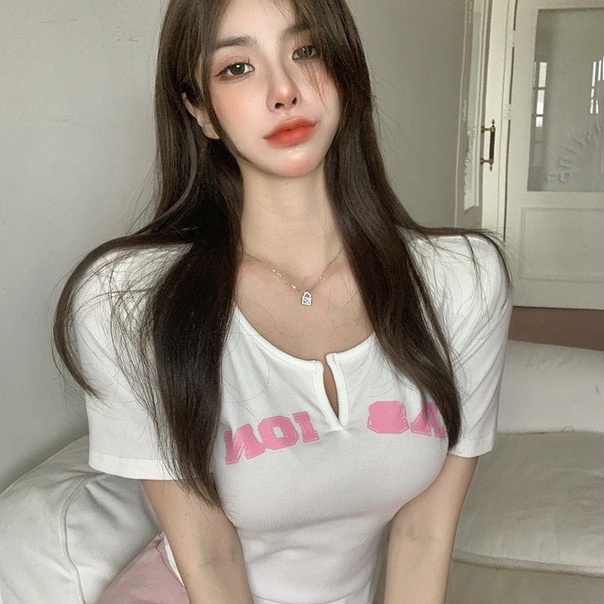 Áo thun ZHELIHANGFEI dệt kim tay ngắn cổ chữ V in họa tiết chữ cái thời trang