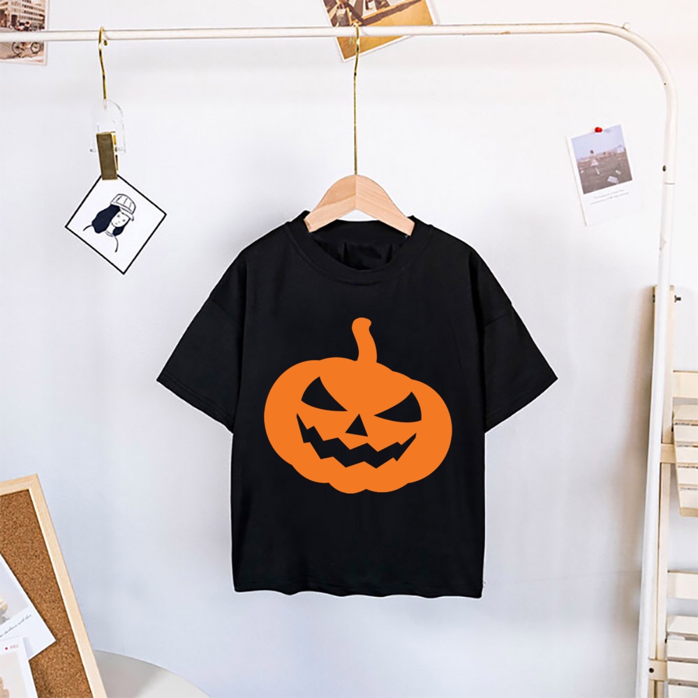 Áo Thun Tay Ngắn Màu Đen In Họa Tiết Bí Ngô / Biểu Tượng Cảm Xúc Trang