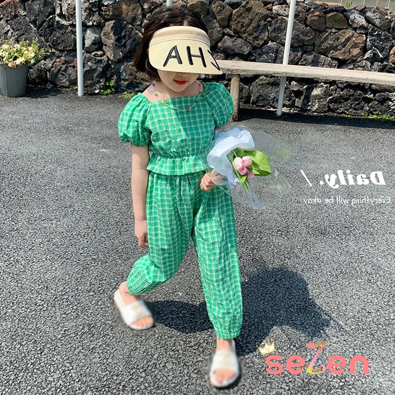 Se7en Set Áo Sơ Mi Tay Ngắn Kẻ Sọc Caro &amp; Quần Dài Cho Bé Gái