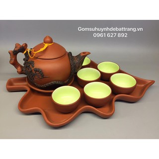 BỘ ẤM TRÀ GỐM TỬ SA ĐÁP NỔI CÂY TÙNG VÀ KHAY LÁ
