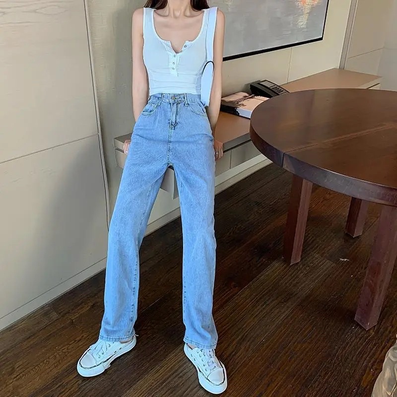 Quần Jeans Nữ Cạp Khuy Màu Xanh Gài Eo Cao Ống Đứng Phong Cách Ulzzang Chất Jean Co Dãn Nhẹ Dày Dặn Loại 1