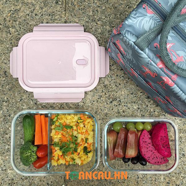 Hộp cơm văn phòng thủy tinh chia ngăn chống tràn Túi giữ nhiệt + Bộ thìa - Hộp đựng thực phẩm(Nắp bằng) | BigBuy360 - bigbuy360.vn