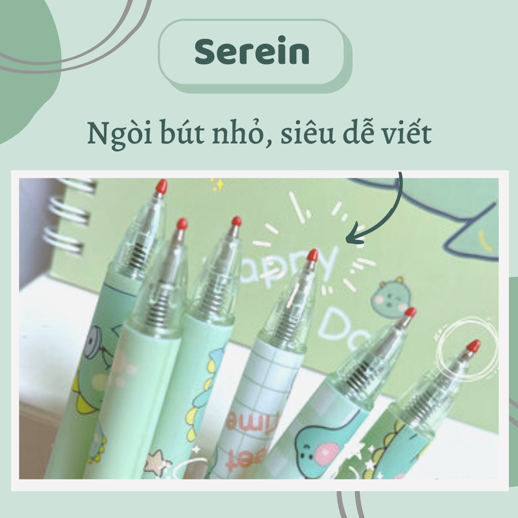 Bút bi bấm hoạt tiết khủng long SEREIN mực đen ngòi 0.5mm, bút bi gel dễ thương văn phòng phẩm phong cách Hàn Quốc