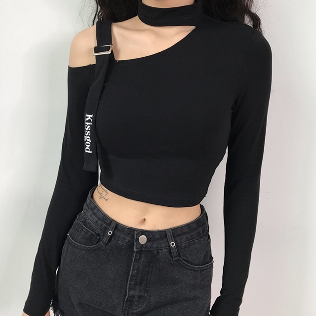 (SẴN)🤩🤩🤩<3 Áo croptop đen dài tay chocker vai trễ lệch bên phong cách Âu Mỹ sành điệu (Ms A84)