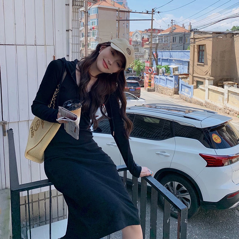 COZOK Đầm hoodie tay dài phối khoá kéo