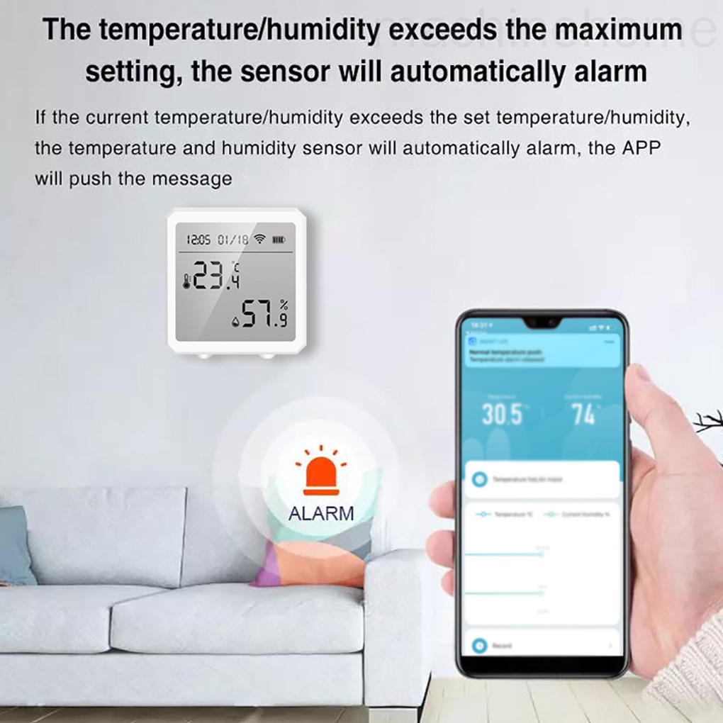 Máy cảm biến nhiệt độ wifi màu trắng chạy pin có nhiệt kế ẩm kế dò độ ẩm thông minh có màn hình kỹ thuật số