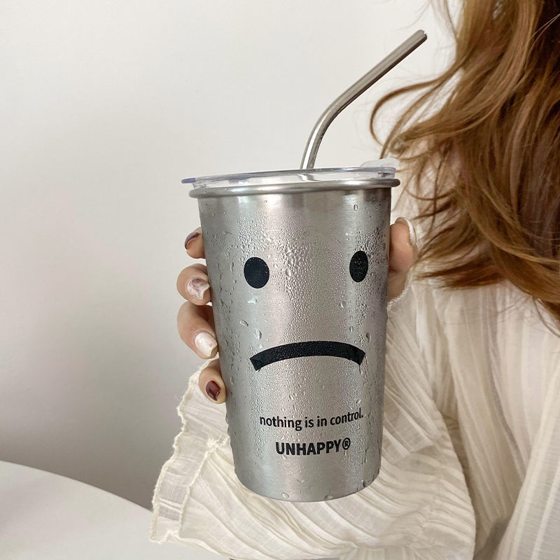 Cốc Uống Nước Bằng Thép Không Gỉ 304 Có Nắp Và Ống Hút Chống Rơi Tiện Dụng