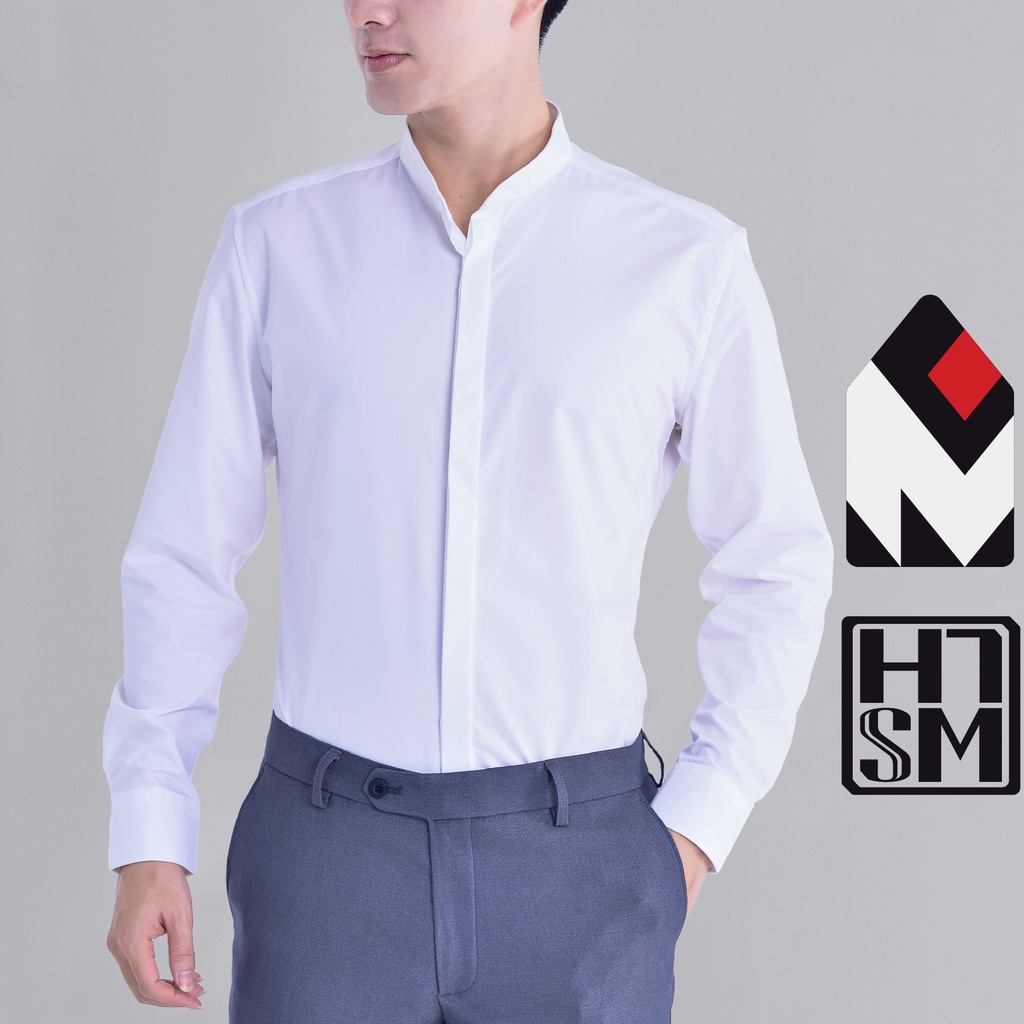 Áo sơ mi nam dài tay HTSM MAGNOR Malin vải Polyspun trơn chống nhăn, cổ tàu, dáng slimfit che khuy