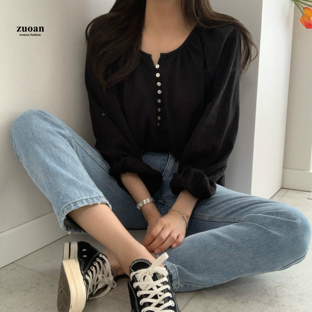 SUXI Áo sơ mi nữ tay dài kiểu dáng tay dài theo phong cách thời trang Hàn Quốc