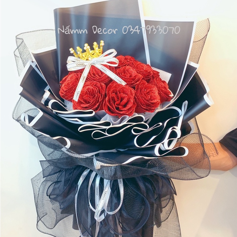 Bó hoa sáp nhũ 15 bông bó tròn phong cách hiện đại sang trọng