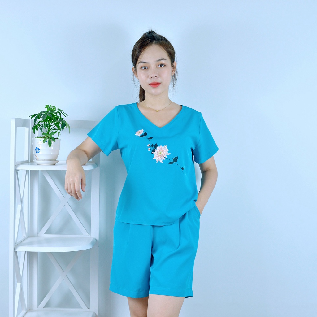 Bộ đồ nữ MÀU XANH CỔ TIM IN HOA  - vải lụa cao cấp - Cực Kì Sang Chảnh