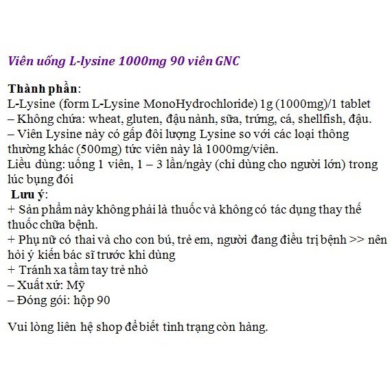 [USA] Sản phẩm Mỹ, L-l-ysine 1000mg 90V | BigBuy360 - bigbuy360.vn
