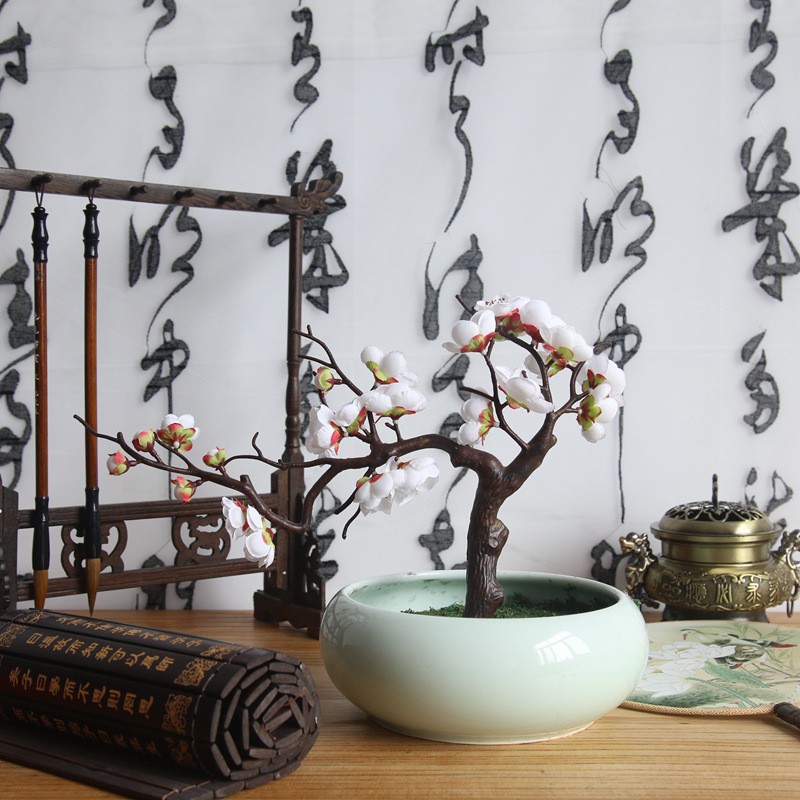 Cây đào cổ dáng bonsai (có phân loại kèm chậu) trang trí nghệ thuật 33cm - Hoa giả để bàn