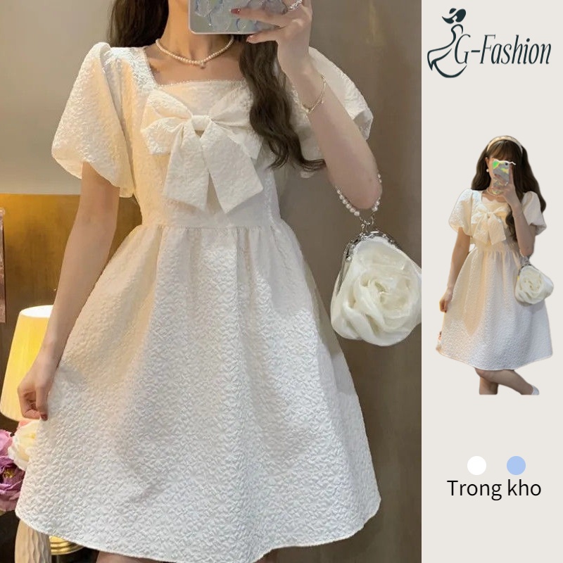 Váy Công Chúa Trắng Cổ Vuông Tay Phồng Thiết Kế Nơ  Bigsize Phong Cách Tươi Mát Ngọt Ngào Cho Nữ