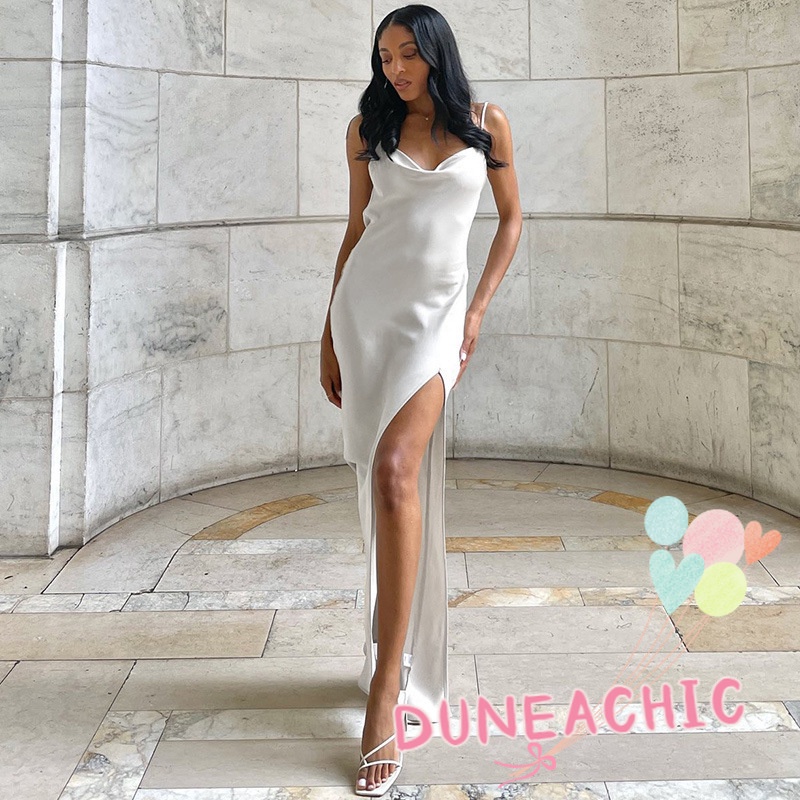 DUNEA Đầm Hai Dây Hở Lưng Màu Trơn Xẻ Tà Thời Trang Cho Nữ L0530