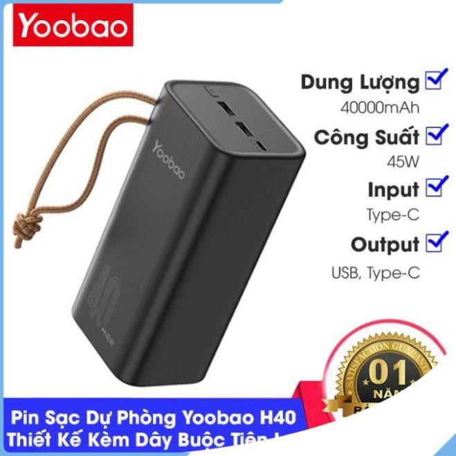 Pin sạc dự phòng Yoobao H40, dung lượng 40000mAh, công suất 45W sạc nhanh cho điện thoại , macbook, laptop