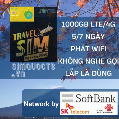 Sim Đài Loan, Hàn Quốc, Trung Quốc, Nhật Bản 1000 GB INTERNET TỐC ĐỘ 4G
