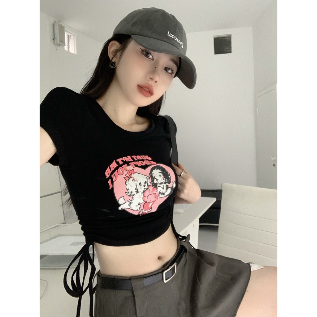 Áo Thun Croptop Cột Dây Dáng Ôm In Hoạt Hình Thời Trang Quyến Rũ Cho Nữ