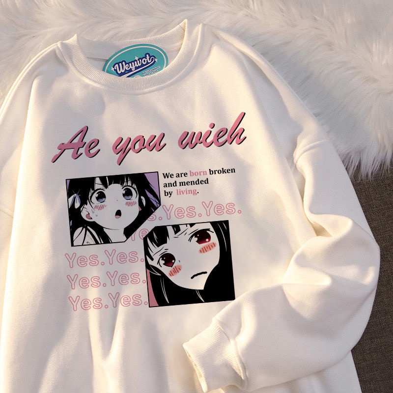 Áo sweater tay dài cổ tròn dáng rộng in họa tiết đơn giản phong cách Hàn Quốc dễ thương cho nữ